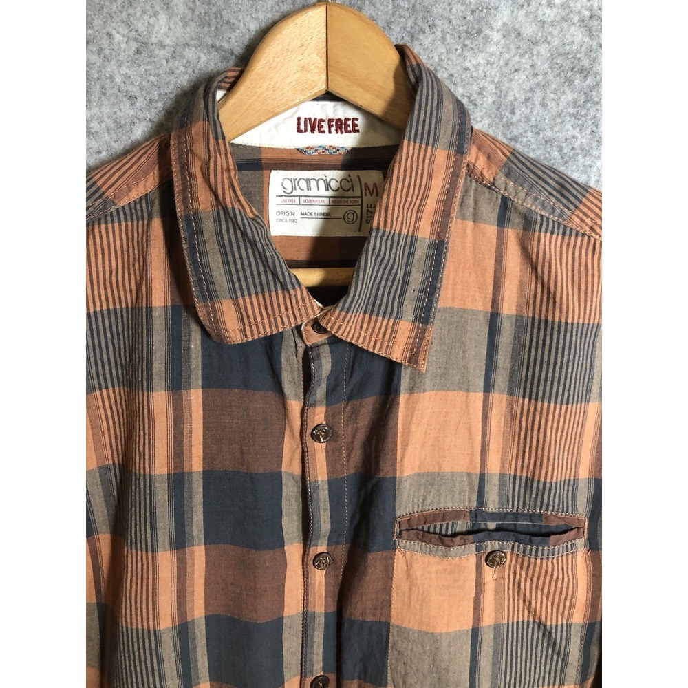 Gramicci Shirt Mens Medium Gray Orange Check Cotton Short Sleeve Hike Outdoor